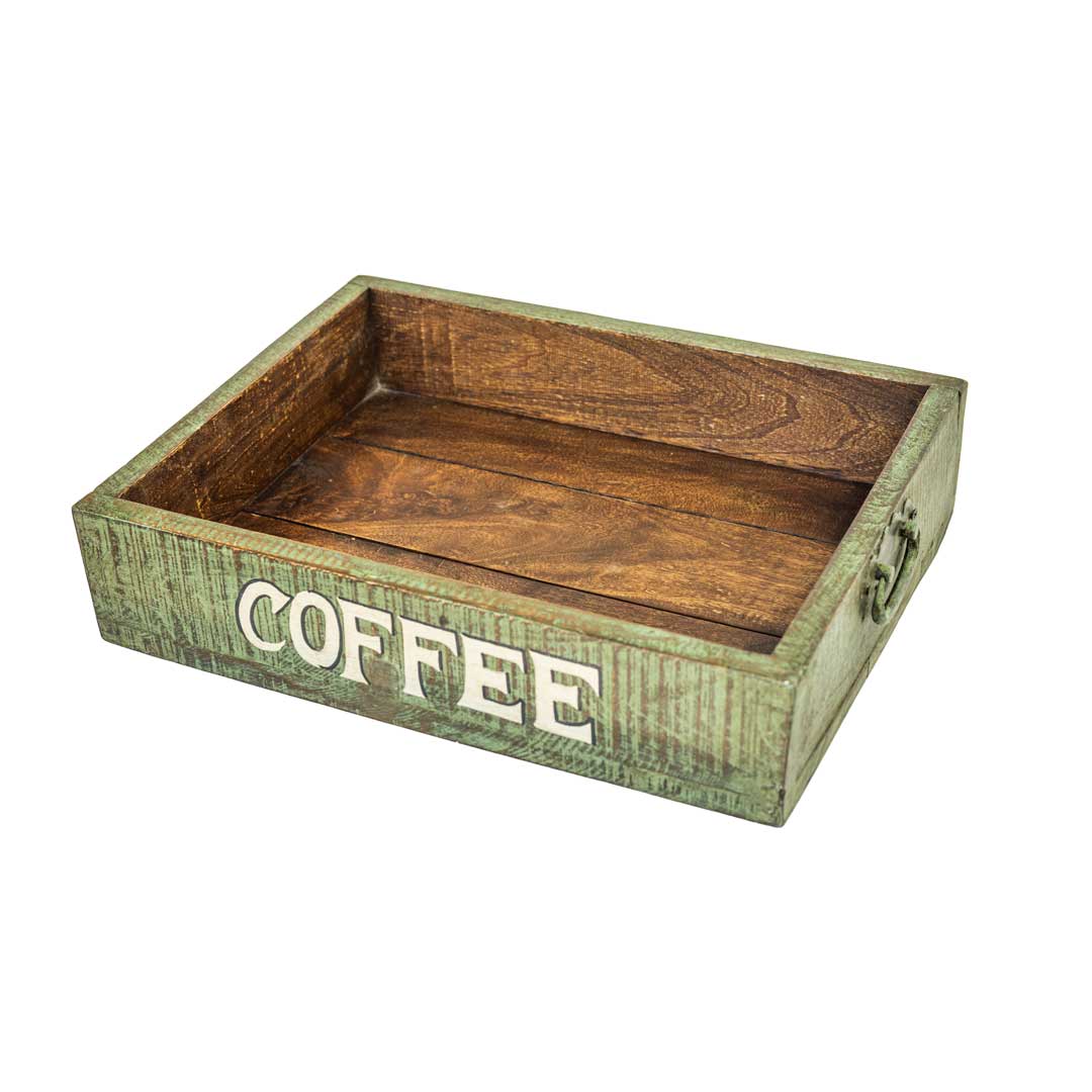 Distressed Green Finish Coffee Tray - Wooden Tray with Small Handles