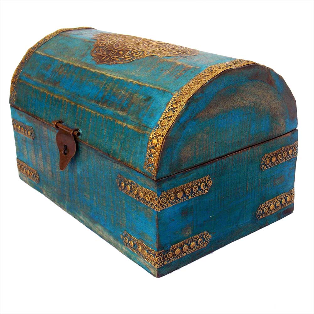 Wooden Box Half Round , Rustic Blue, Embossed Brass Art
