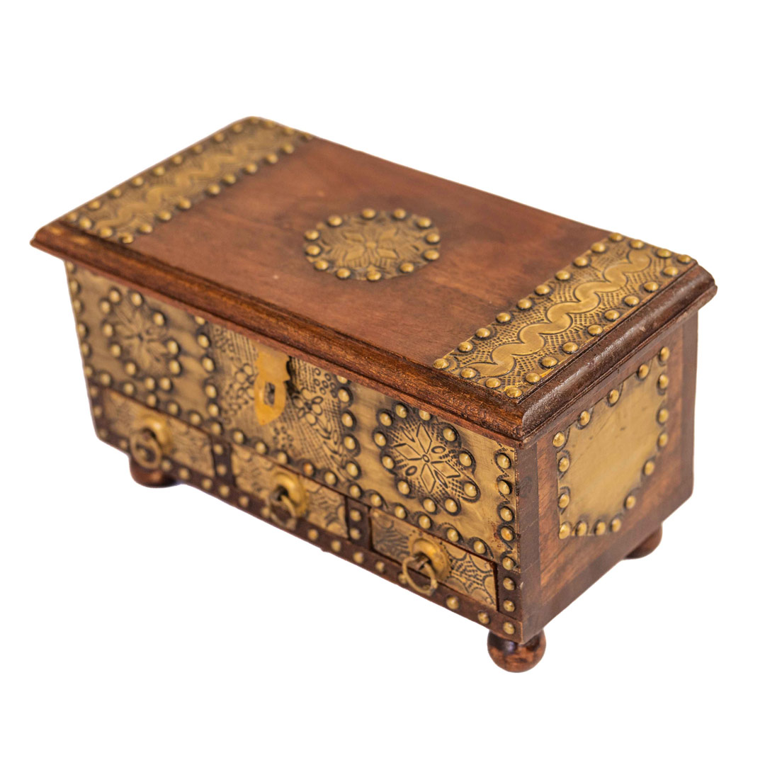Wooden Jewellery Box - Brass Art with 3 Drawers Wooden Jewellery Box - Brass Art with 3 Drawers