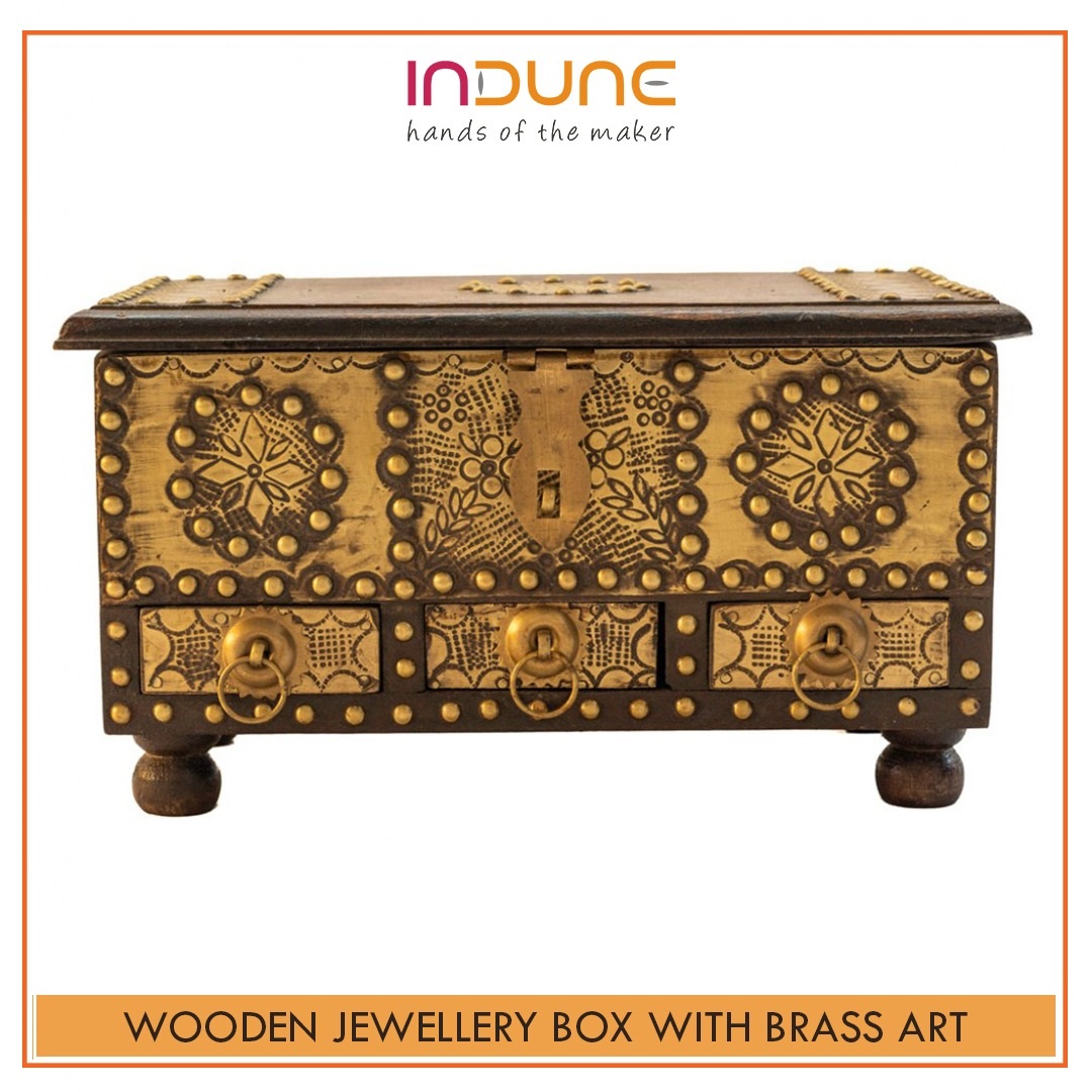 Wooden Jewellery Box - Brass Art with 3 Drawers