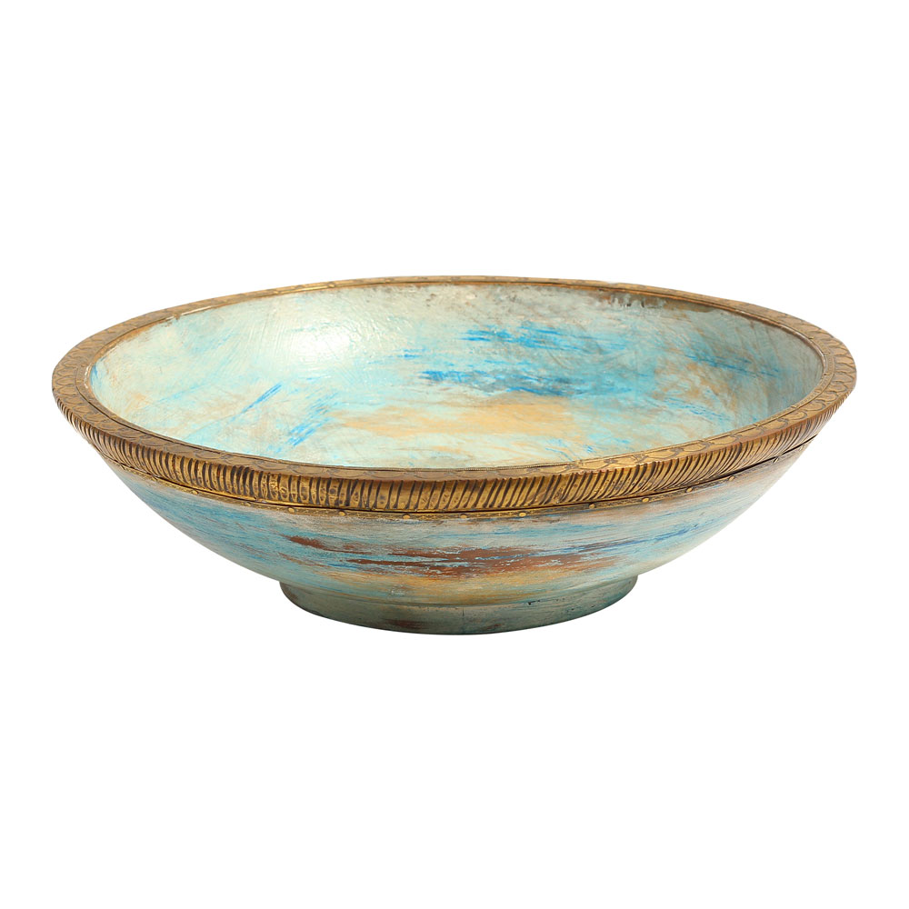 Wooden Rustic Bowl with Embossed Brass Art- Distress Blue