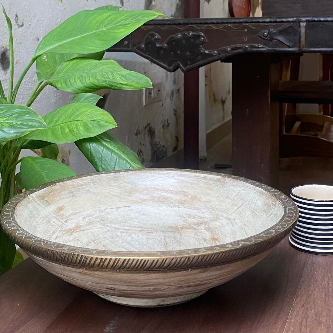 Wooden Rustic Bowl with Embossed Brass Art - Distress White