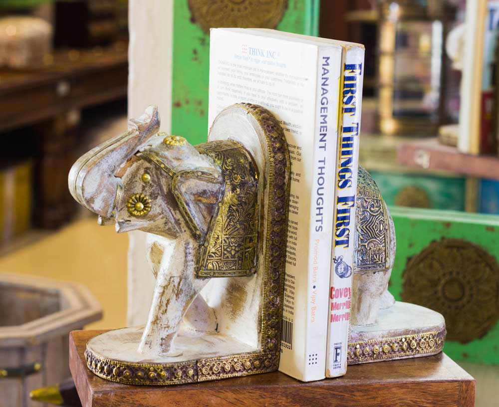 Wooden Elephant Rustic White Book Ends Set