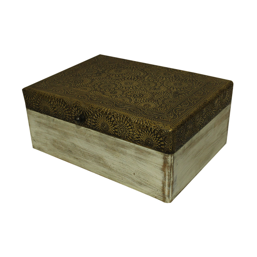 Distressed White Box with Brass Embossed Top Distressed White Box with Brass Embossed Top