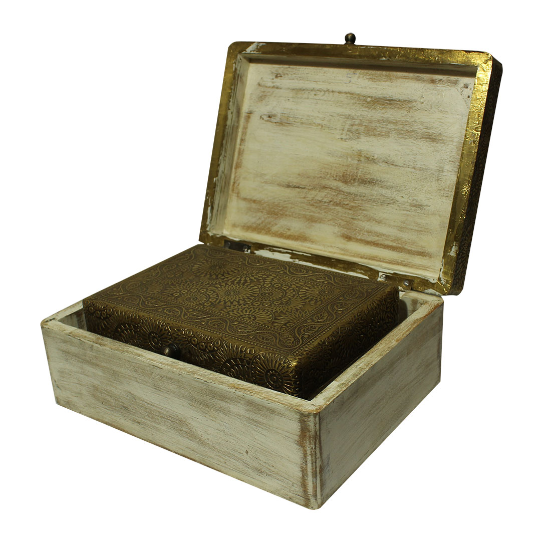 Distressed White Box with Brass Embossed Top (Set of two) Distressed White Box with Brass Embossed Top (Set of two)
