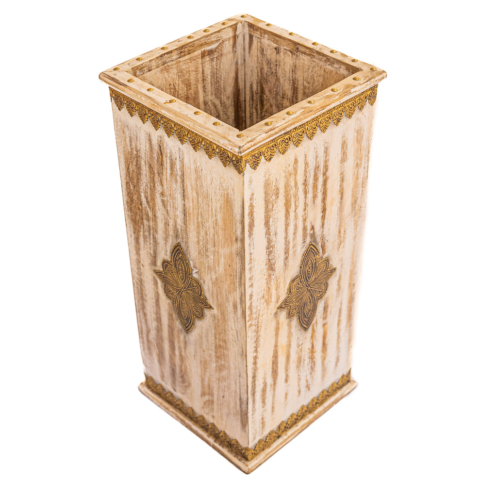 Distressed Wooden Planter With Brass Art  ht 15 inch
