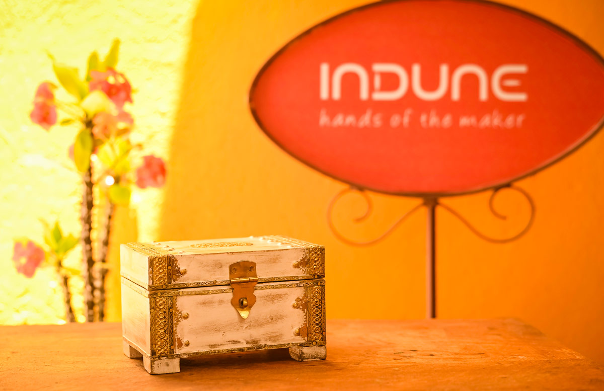 Distressed White Wooden Mini Chest with Embossed Brass ArtWork