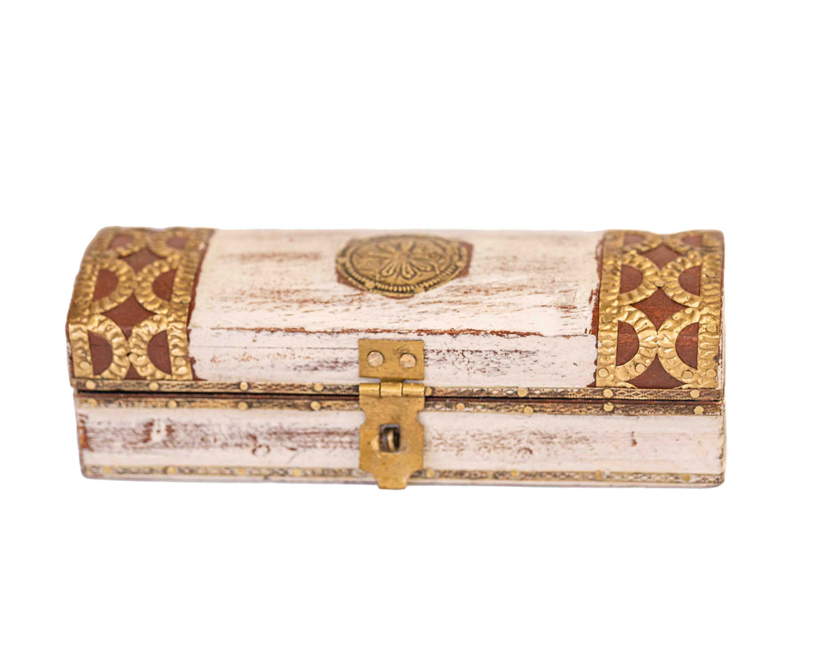 Distressed White Wooden Trinket Box with Embossed Brass ArtWork