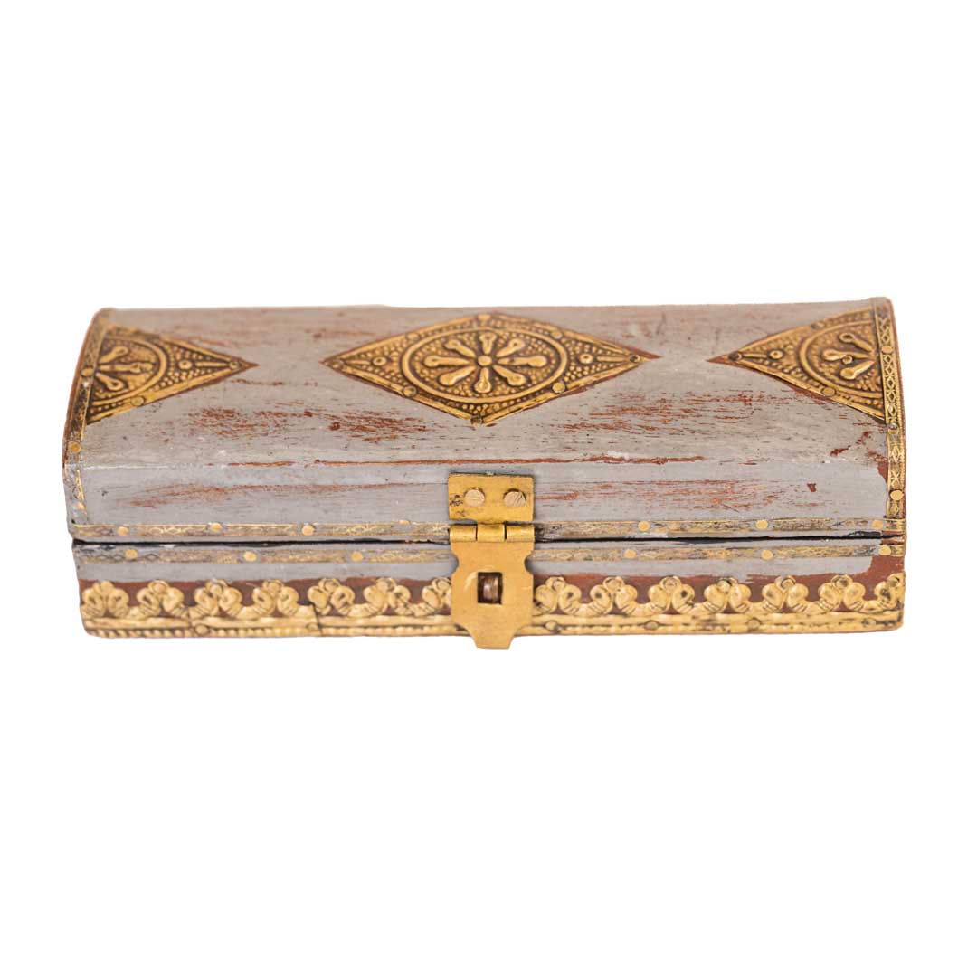 Distressed Grey Wooden Trinket Box with Embossed Brass ArtWork Distressed Grey Wooden Trinket Box with Embossed Brass ArtWork
