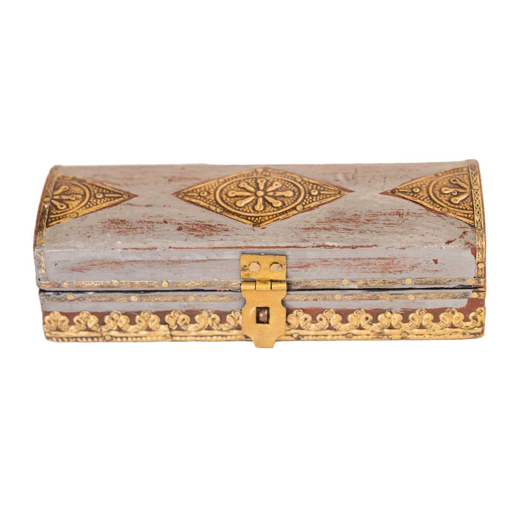 Distressed Grey Wooden Trinket Box with Embossed Brass ArtWork