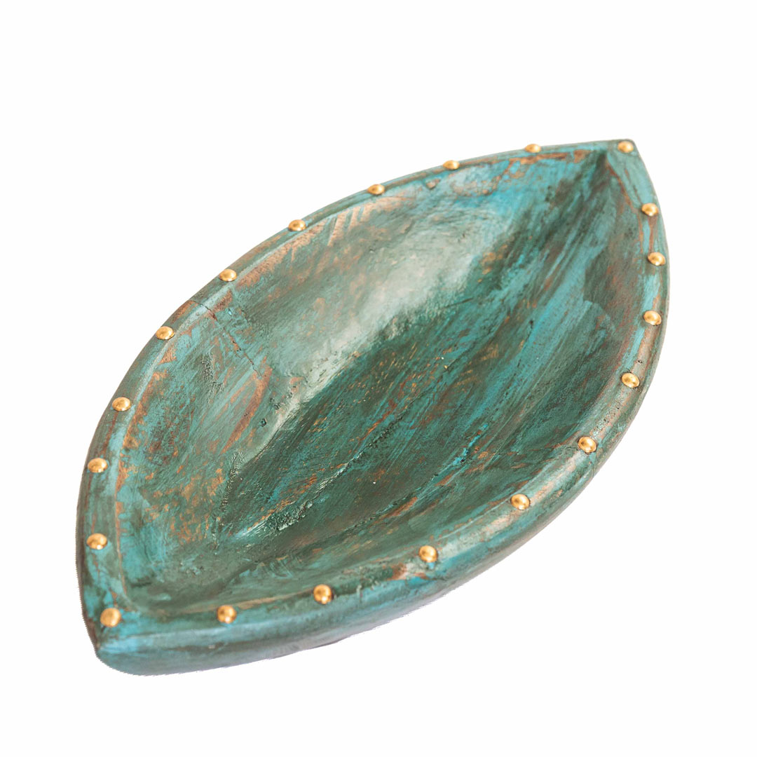 Distressed Blue Leaf-Shaped Dry Fruit Tray - Wooden Tray with Antique Finish