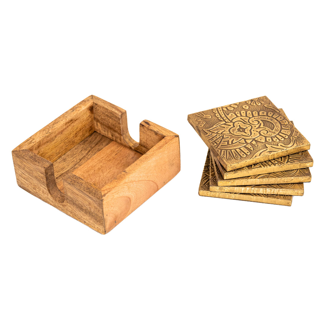 Brass Embossed Wooden Coasters | Handcrafted Artisan Coasters 5 x 5 Inches Brass Embossed Wooden Coasters | Handcrafted Artisan Coasters 5 x 5 Inches