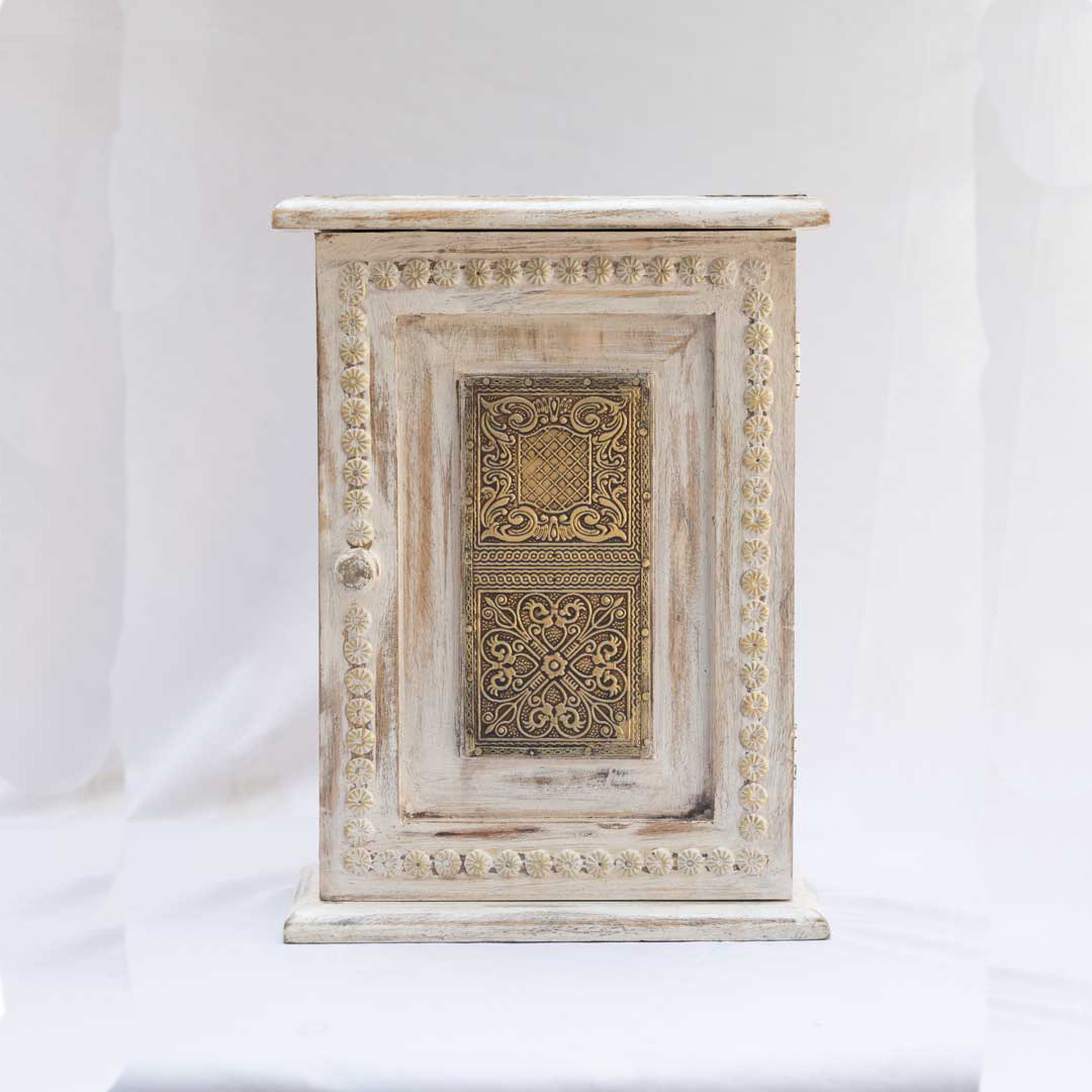 Vintage Elegance: Distressed White Window Key Holder With Embossed Brass Work Vintage Elegance: Distressed White Window Key Holder With Embossed Brass Work