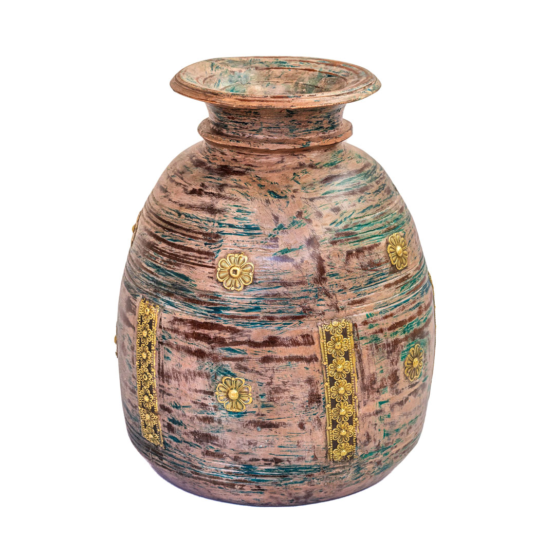 Handcrafted Distressed Peach & Brown Wooden Pot with Intricate Brass Detailing