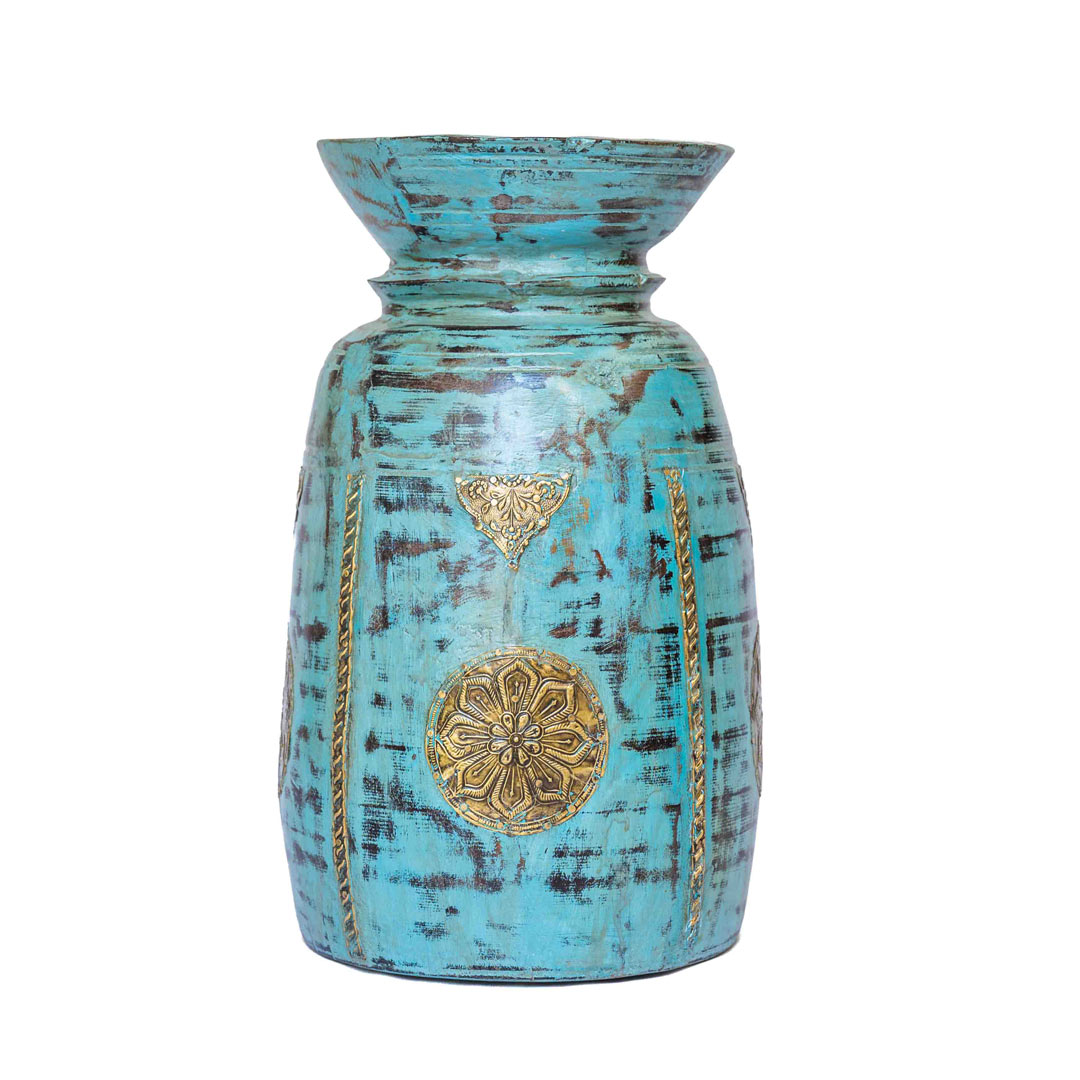 Handcrafted Distressed Blue Wooden Pot with Intricate Brass Detailing