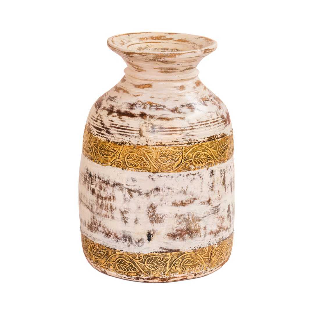 Handcrafted White Distressed Wooden Matka with Intricate Brass Embossing
