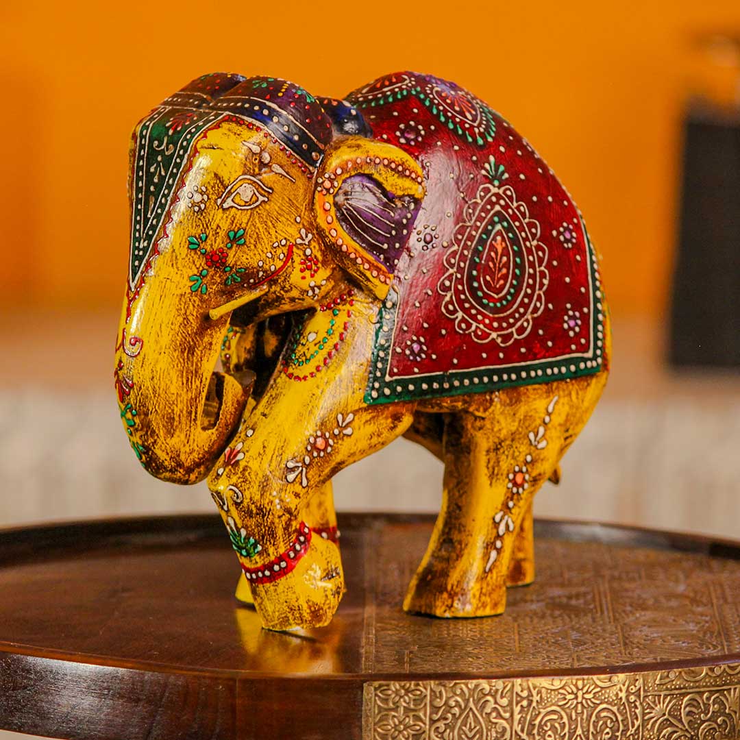 Yellow Hand Painted Wooden Elephant Figurine – 8.5 Inch