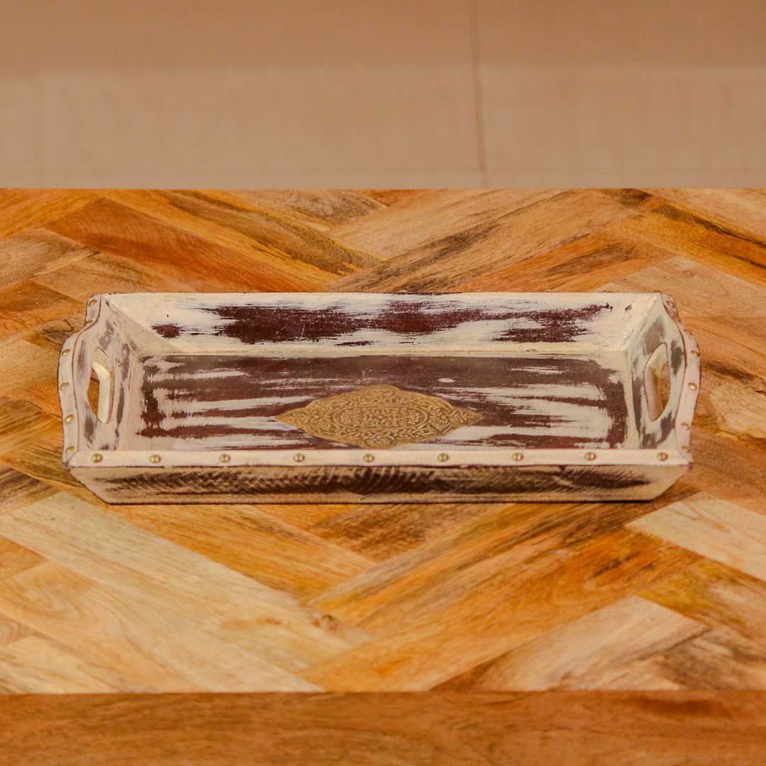 Distressed Wooden Serving Tray with Brass Motif 14 x 9 inches 