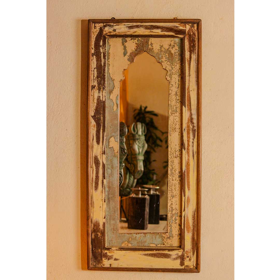 Large Reclaimed Wooden Wall Mirror Jharokha – Distressed Blue & Off White – 35 Inch
