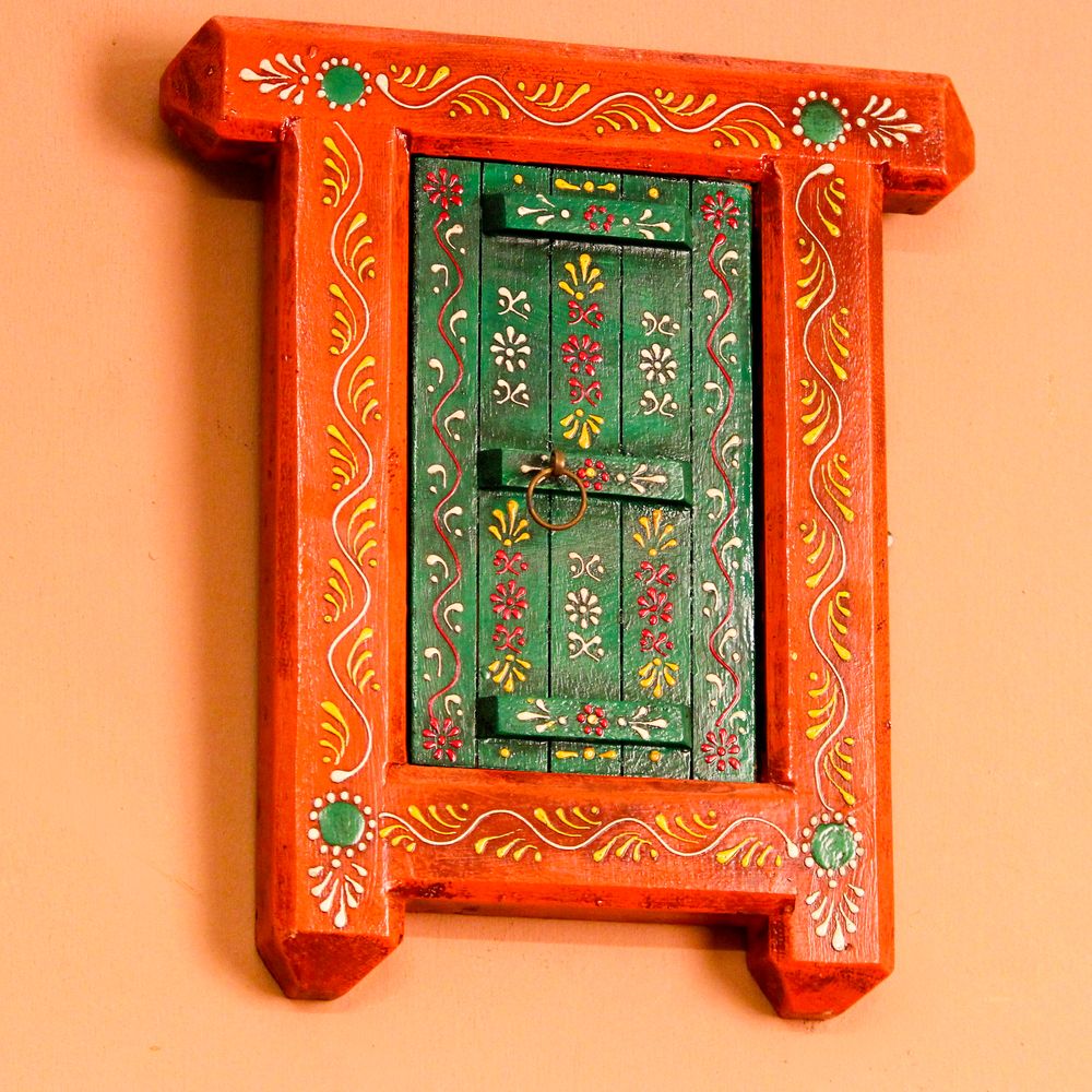 Hand Painted Orange & Green Wooden Jharokha Wall Decor Hand Painted Orange & Green Wooden Jharokha Wall Decor