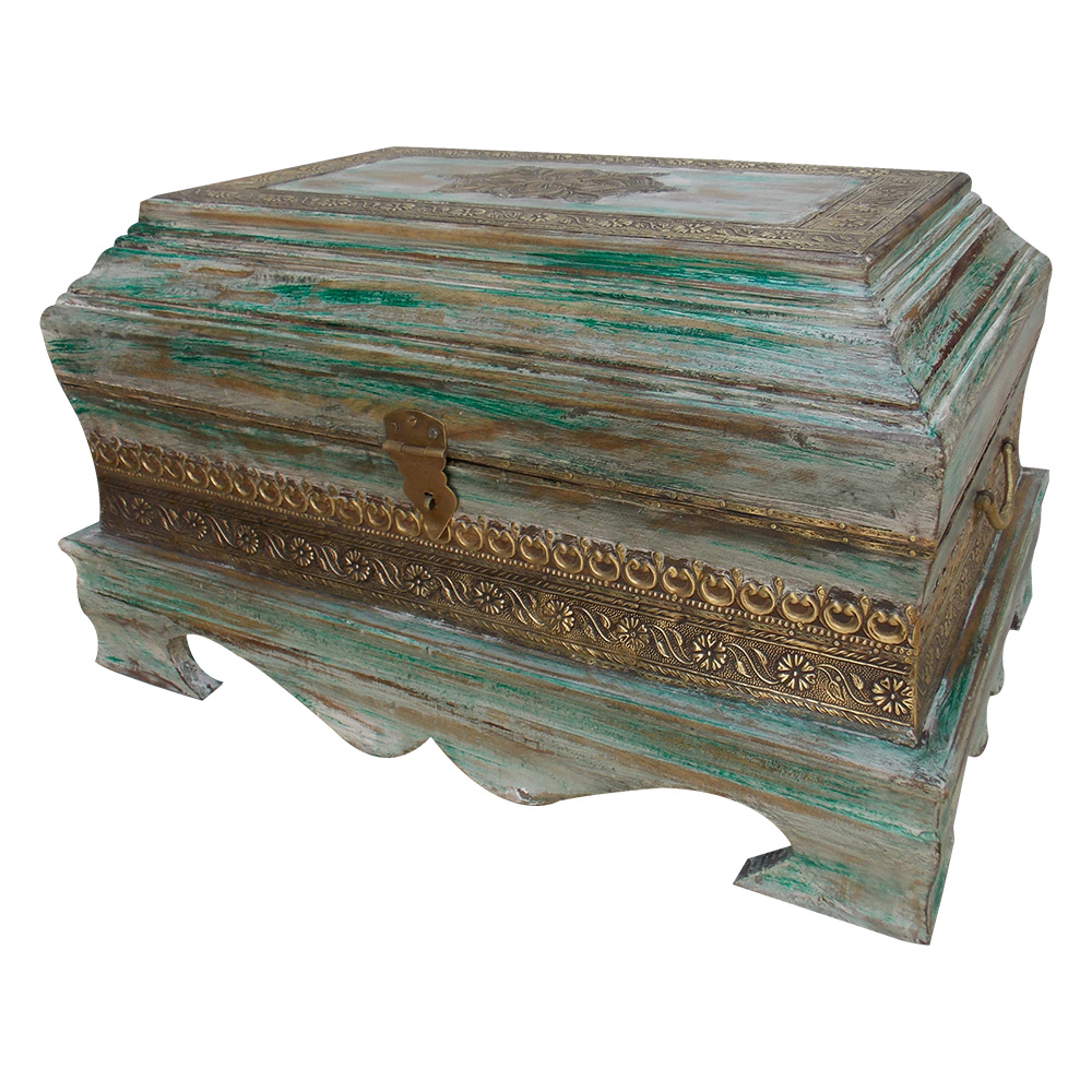 Wooden Rustic Green Regal Treasure Box With Embossed Brass ArtWork Wooden Rustic Green Regal Treasure Box With Embossed Brass ArtWork