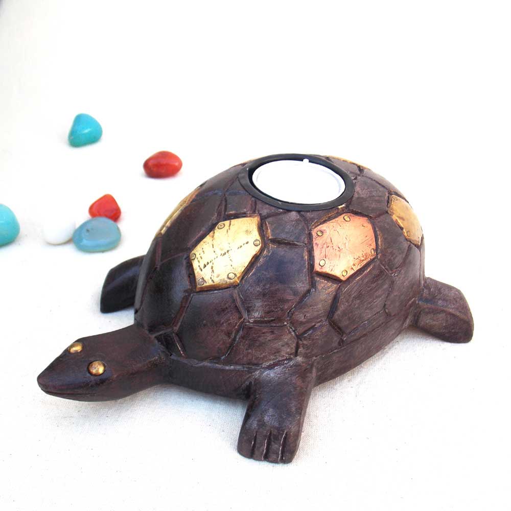 Good Luck Turtle Tealight - Wood & Metal  (Tortoise)
