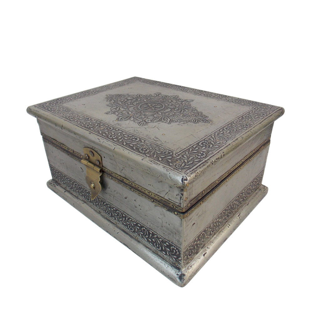 Box- Embossed White Metal Artwork, Antique Finish, 9 x 7 x 5 Inches Box- Embossed White Metal Artwork, Antique Finish, 9 x 7 x 5 Inches