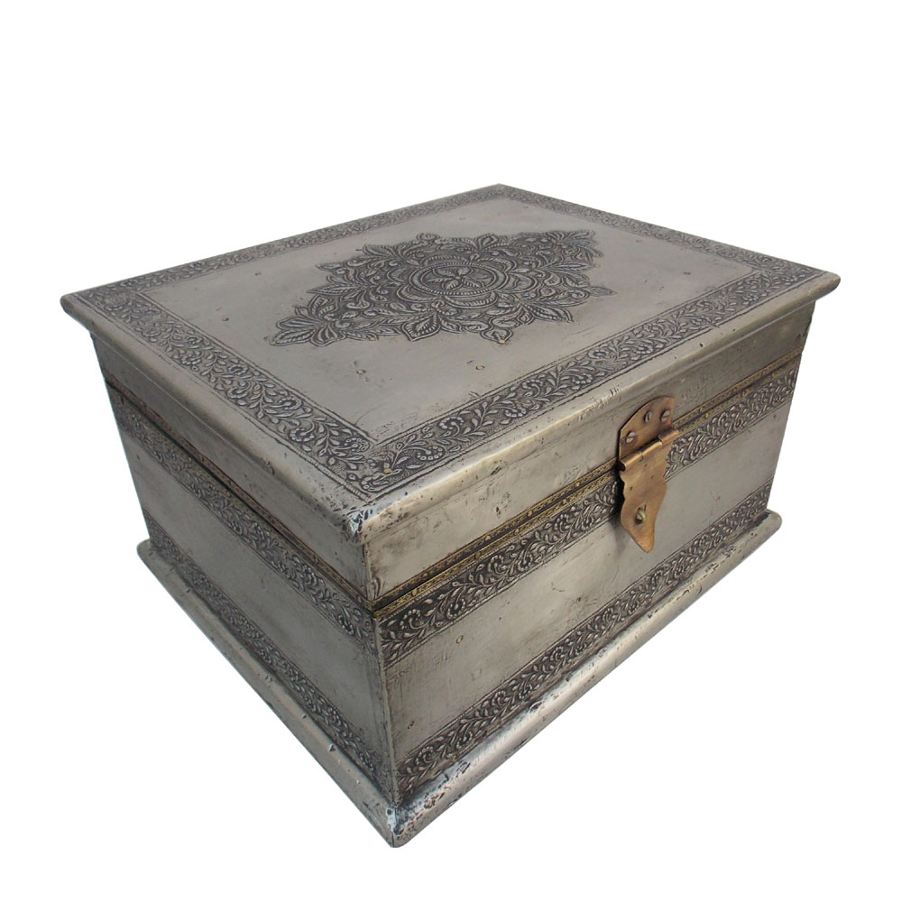 Box- Embossed White Metal Artwork, Antique Finish, 11 x 9 x 6 Inches