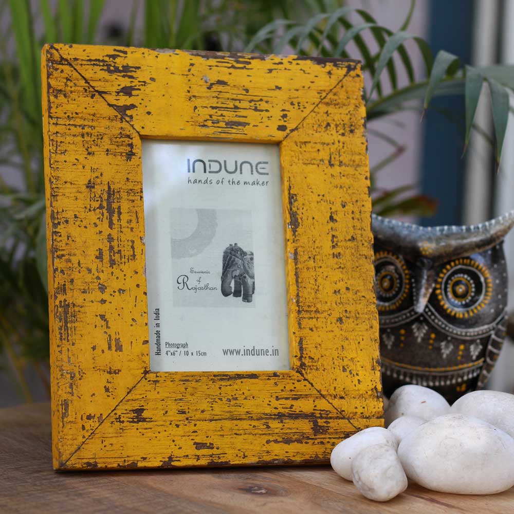 Wooden Photo Frame - Rough Distressed Yellow 4 x 6 Inches Wooden Photo Frame - Rough Distressed Yellow 4 x 6 Inches