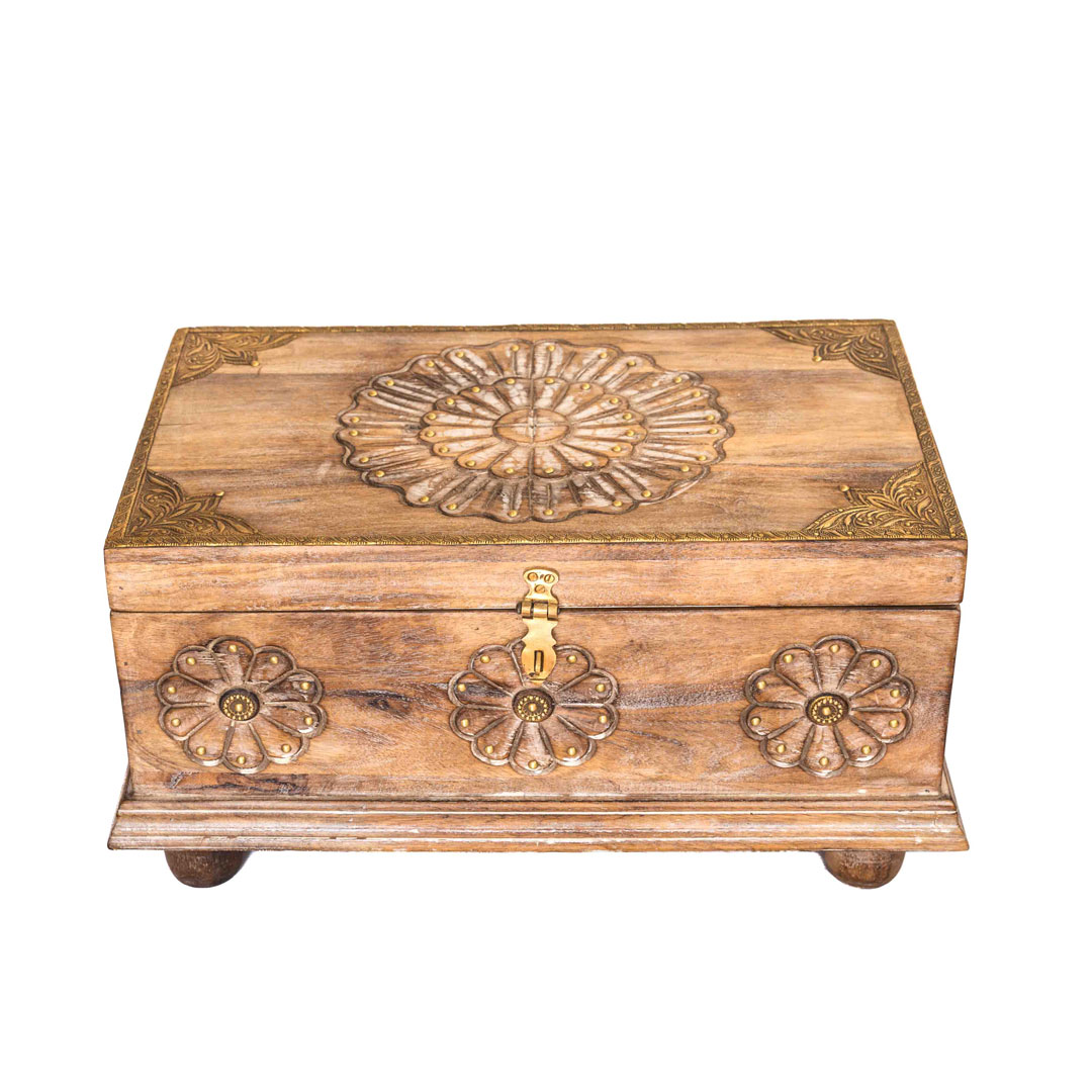 Rustic White Wooden Treasure Box with Floral Carving and Embossed Brass Work Rustic White Wooden Treasure Box with Floral Carving and Embossed Brass Work