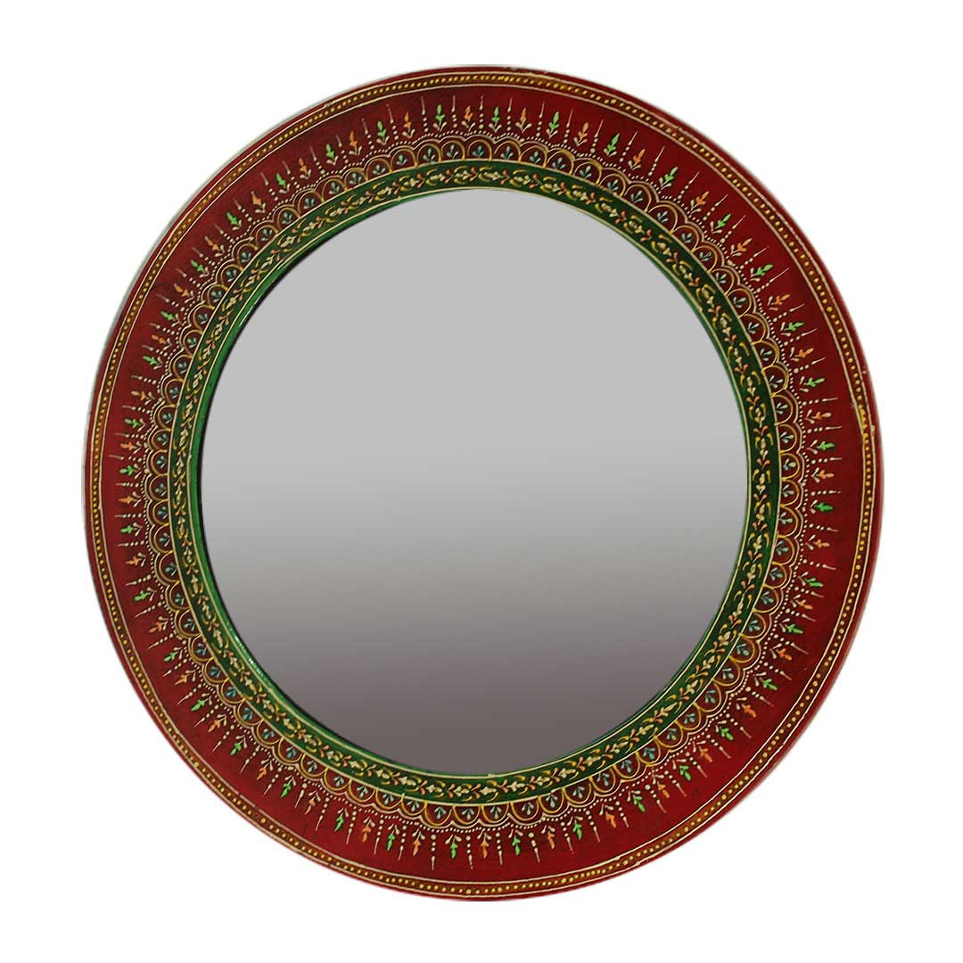 Red Round Wall Mirror with Traditional Artwork