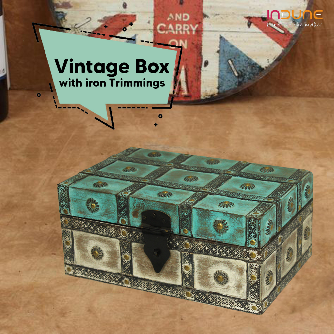 Distressed Turquoise & White Wooden Box with Iron Claddings Distressed Turquoise & White Wooden Box with Iron Claddings