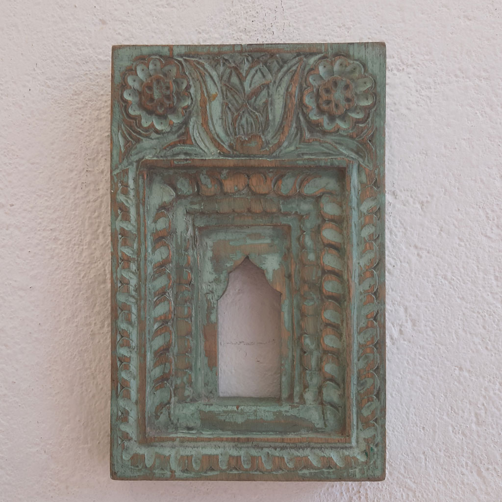 Distressed Green Small Wooden Jharokha Frame - 10 Inches Distressed Green Small Wooden Jharokha Frame - 10 Inches