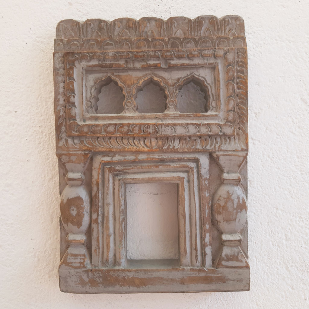 Distressed Grey Wooden Small Jharokha Frame with Tibari Distressed Grey Wooden Small Jharokha Frame with Tibari
