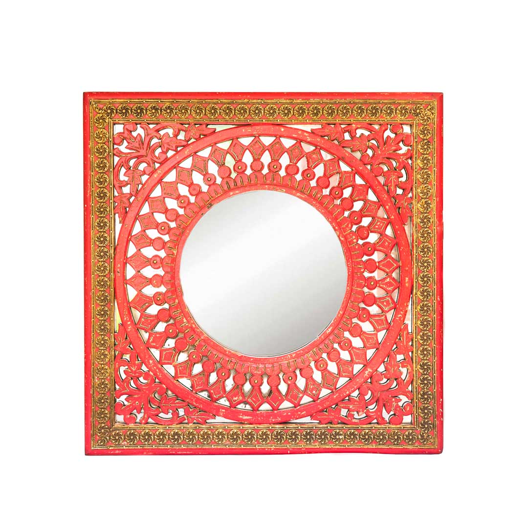 Pink Wooden Framed Wall Mirror With Embossed Brass Work