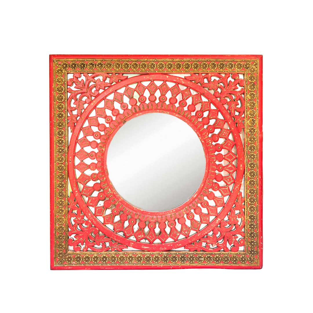 Pink Wooden Framed Wall Mirror With Embossed Brass Work Pink Wooden Framed Wall Mirror With Embossed Brass Work