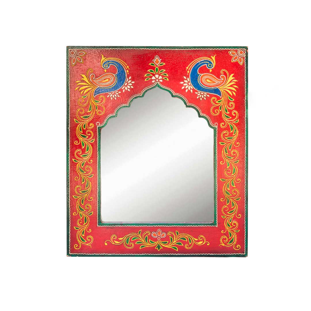 Hand Painted Peacock - Red Wooden Framed Mirror 