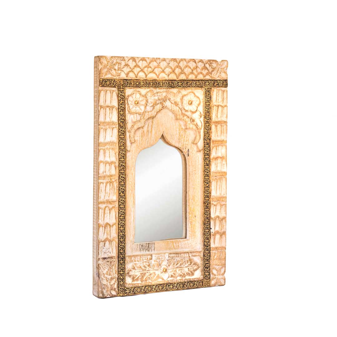 Jharokha Shaped Distressed White Floral Wooden Carved Frame with Brass Art