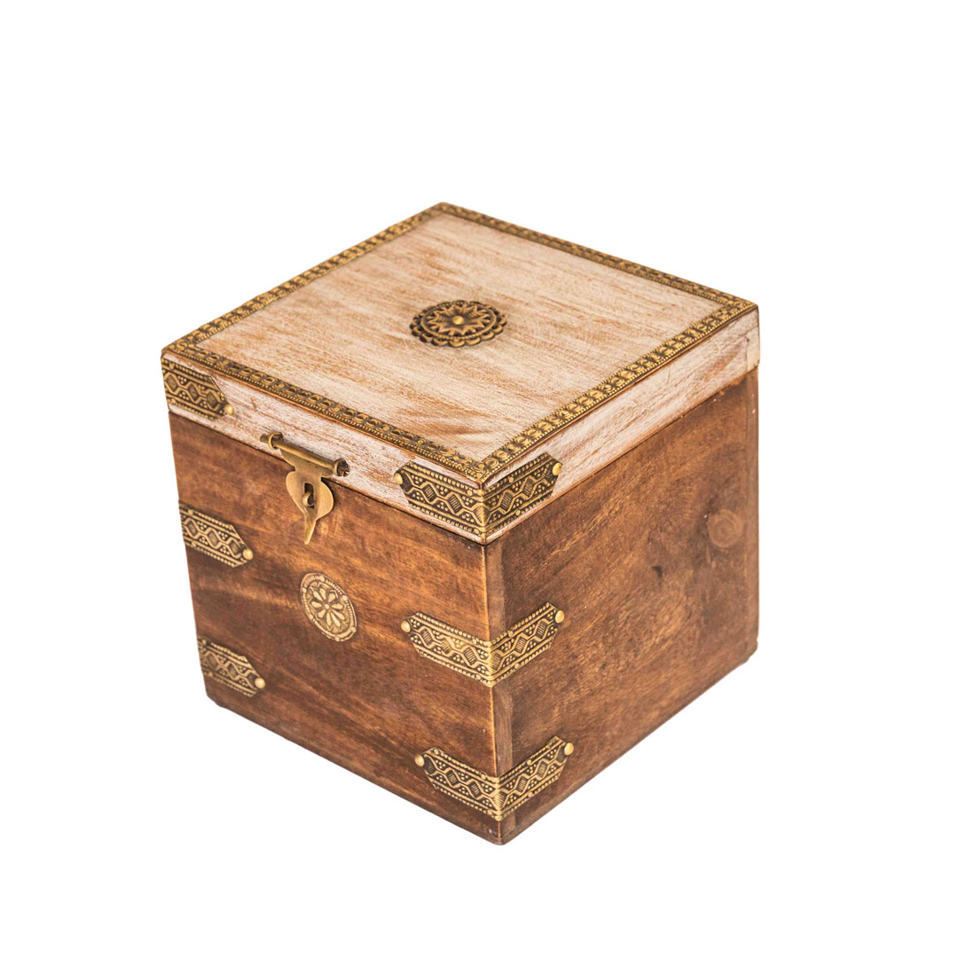 Square Wooden Box - Distressed White Top With Embossed Brass Work 