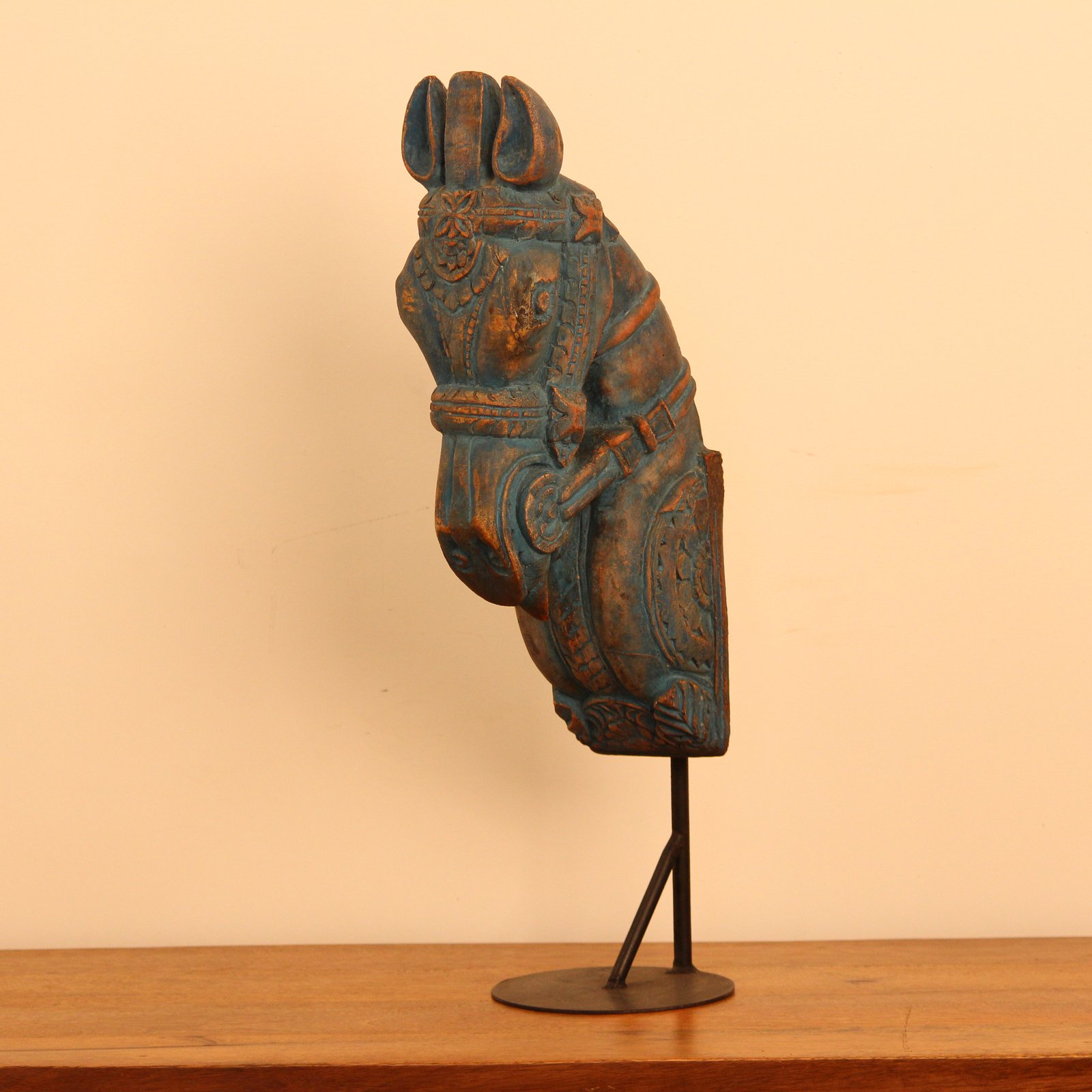 Wooden Carved Horse Head Sculpture on Stand – Distressed Blue