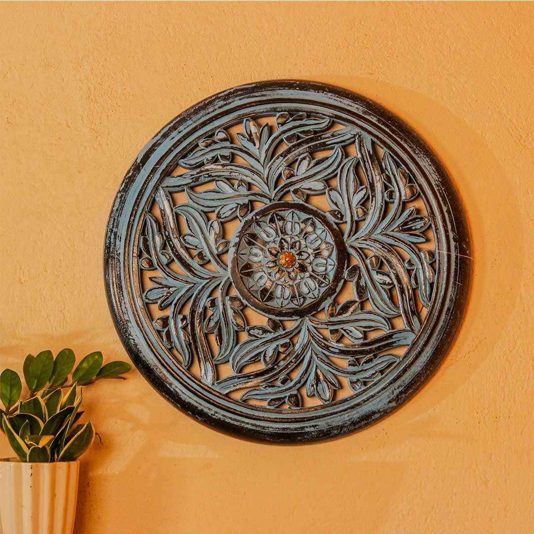 Round Hand Carved Wooden Wall Panel – Distressed Blue Finish – 19 Inch