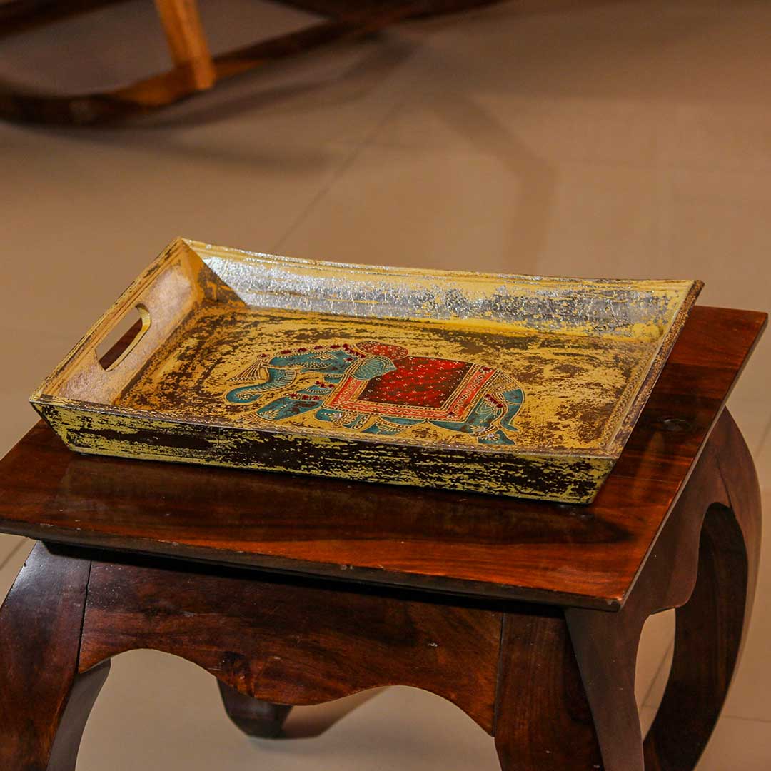 Decorative Wooden Serving Tray with Elephant Motif – Golden Finish