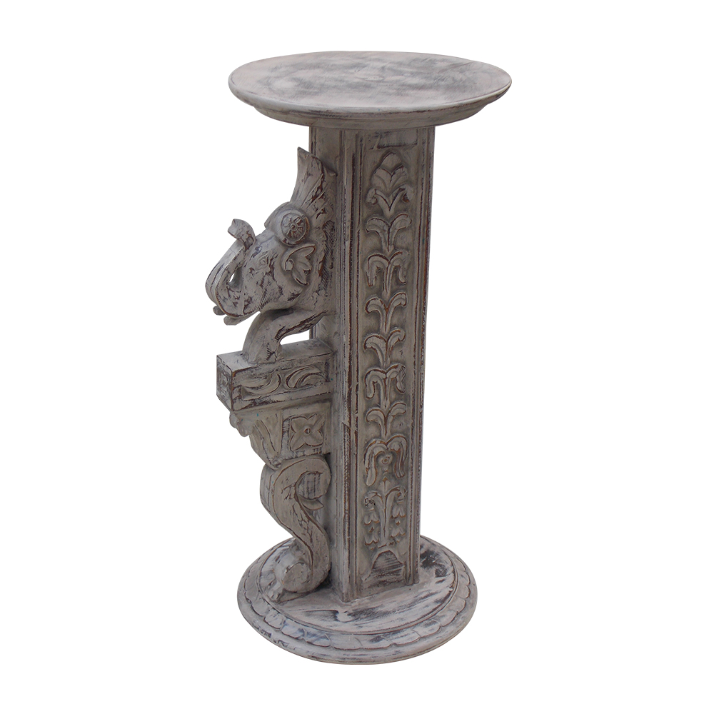 Carved Wooden Elephant Pillar - Distressed White