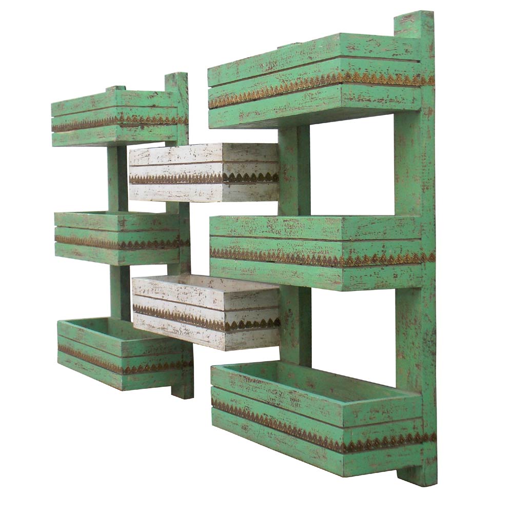 Wall Shelf, Distressed White & Green 