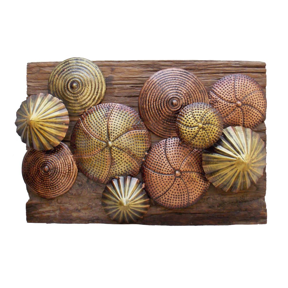 Railway Sleeper Wood Decorative Wall Panel - Antique Copper & Brass Finished Iron Flowers