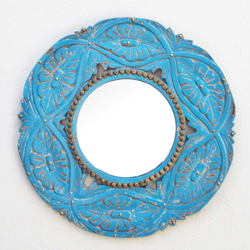 Distress Blue Painted Round Mirror Frame -  Wood Carving & Brass Art
