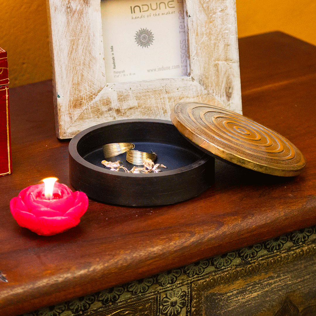 Wooden Round Box with Lid- Spiral Embossing on Brass