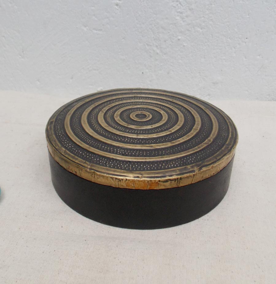 Wooden Round Box with Lid- Spiral Embossing on Brass