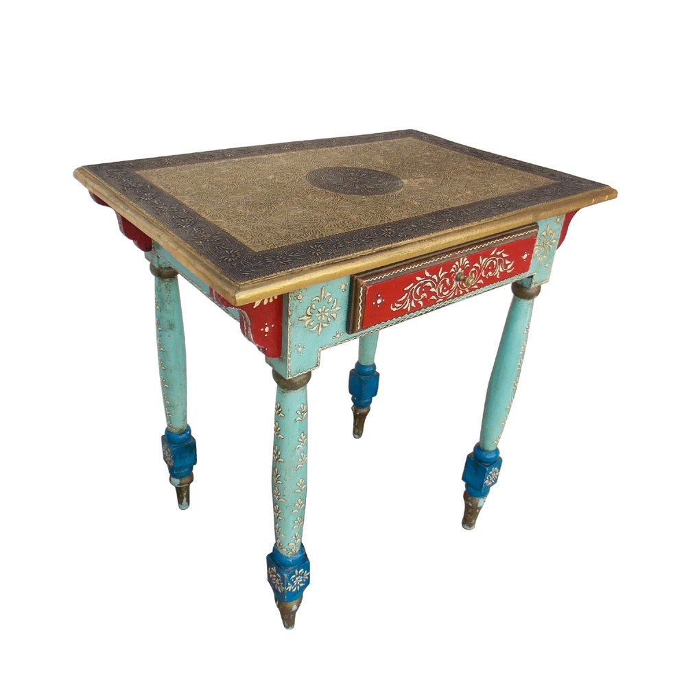 Painted Rectangular Table with Brass Artwork