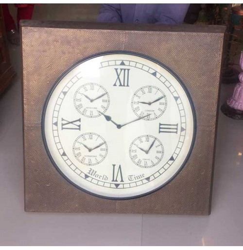 5 Time Zone World Old Clock - Brass Square 24 x 24 Inches 5 Time Zone World Old Clock - Brass Square 24 x 24 Inches